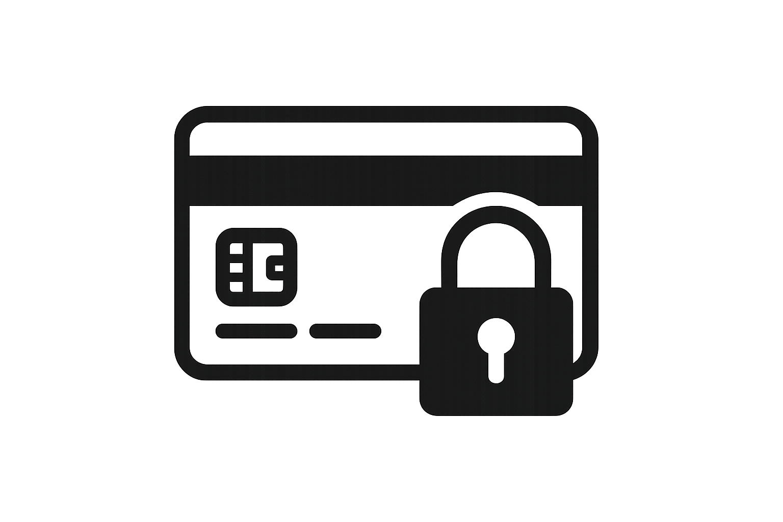 Haz un ícono de una tarjeta de debito/credito y al laod sobrepuesto un candado de seguridad. La imagen es monocromatica