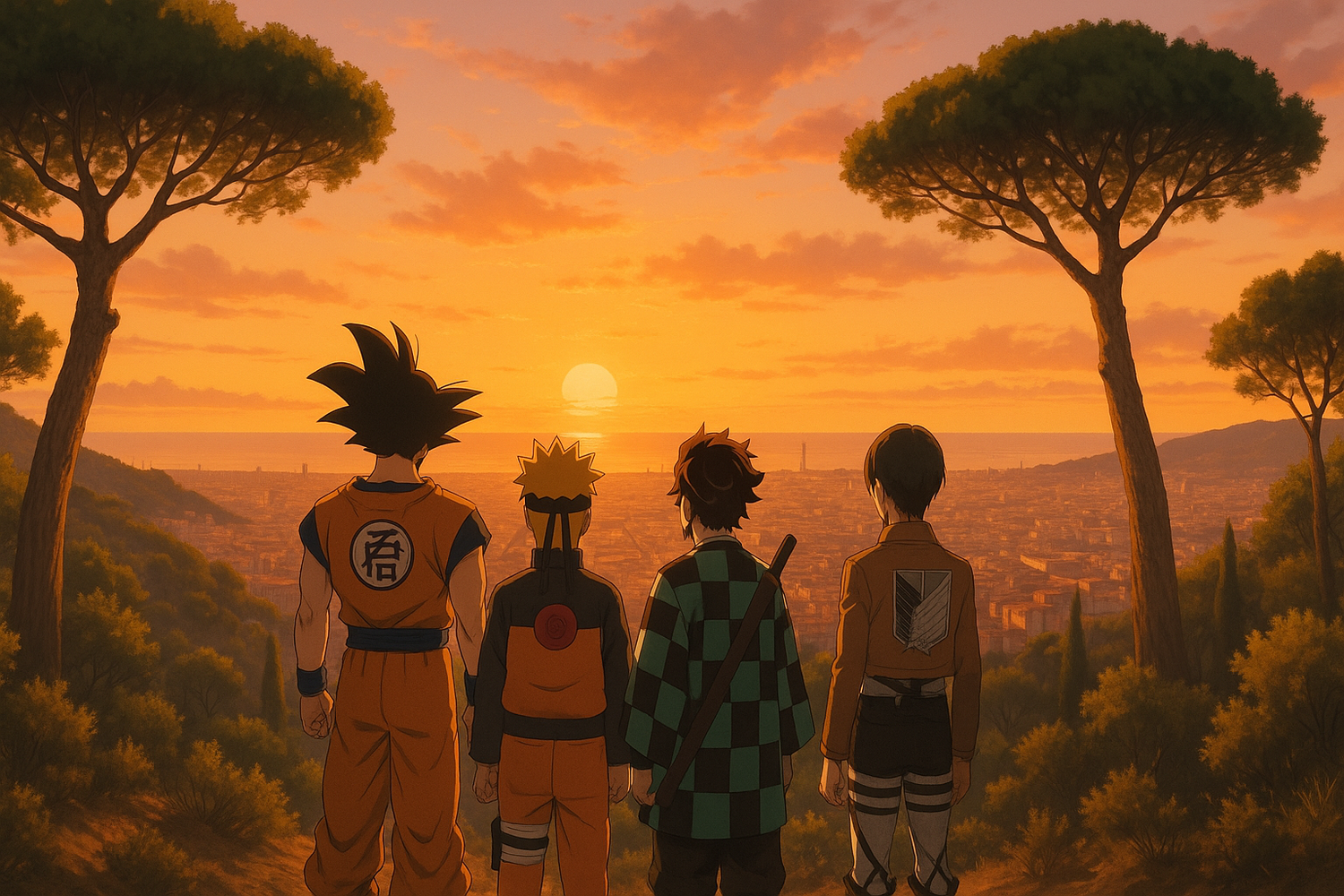 Haz una imagen con los personajes de Dragon Ball, Naruto, Demon Slayer, Attack On Titan mirando juntos como una familia al atardecer. Están desde la montaña de collserola rodeados de vegetacion y arboles pinus pinea y al fondo se vee toda la ciudad de Barcelona, España y tb el mar, todo en un maravilloso atardecer. La foto es horizontal